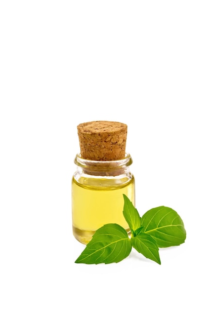 Aceite en un vial con albahaca