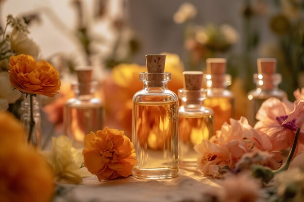 Aceites de aromaterapia en medio de flores frescas que capturan un apacible estado de ánimo primaveral