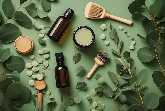 Aceites esenciales y cepillos de masaje con hojas de eucalipto natural sobre fondo verde