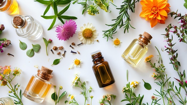 aceites esenciales y hierbas sobre un fondo blanco