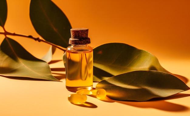 Aceites esenciales y hojas de eucalipto aisladas sobre fondo amarillo