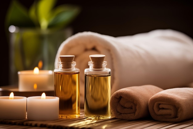 Aceites de masaje toallas y velas en una alfombra de bambú con plantas verdes en el fondo