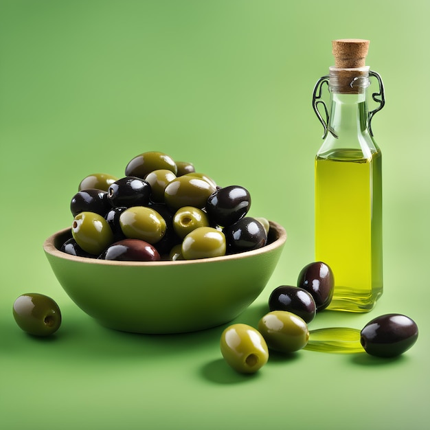 Aceitunas y aceite de oliva flotando sobre un fondo verde