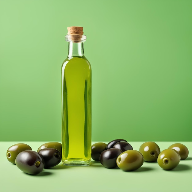 Aceitunas y aceite de oliva flotando sobre un fondo verde