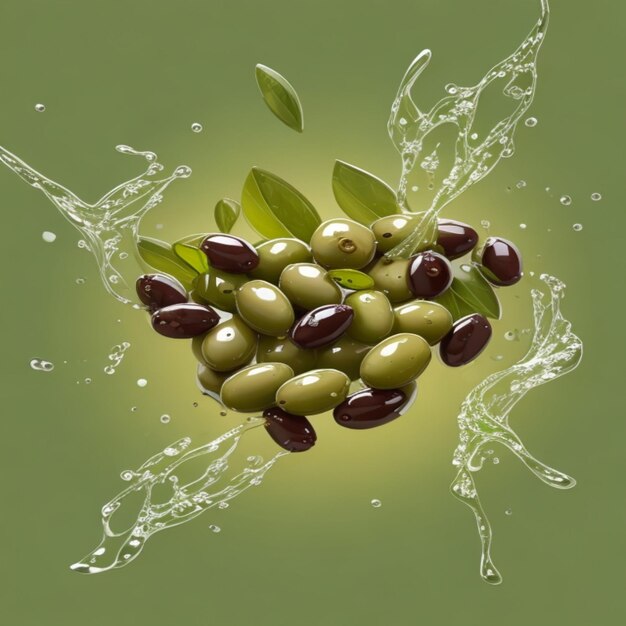 Aceitunas y aceite de oliva flotando sobre un fondo verde