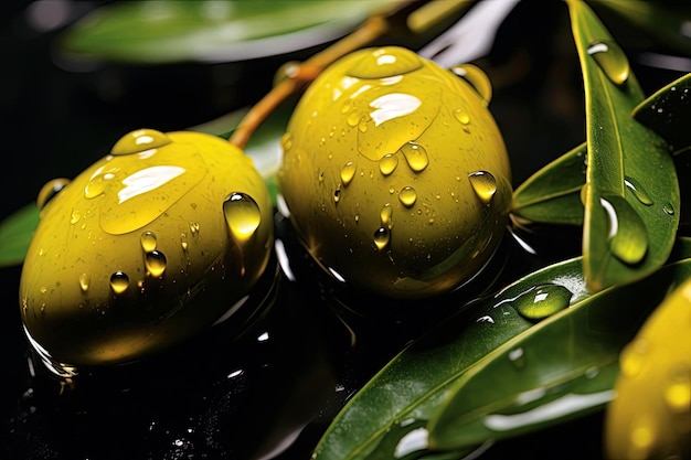 aceitunas con aceite de oliva y hojas