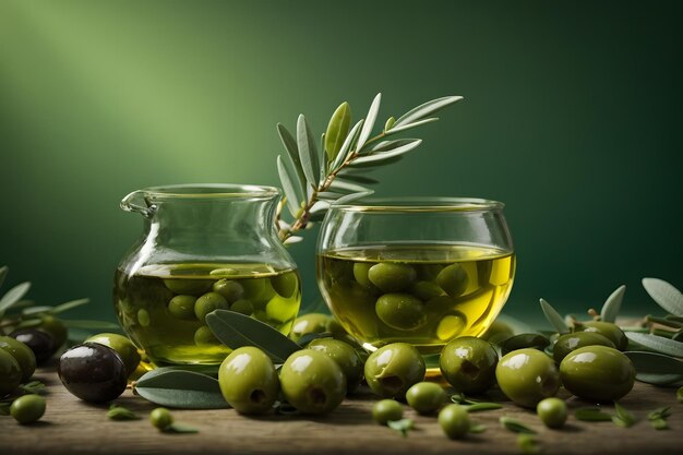 Aceitunas y aceite de oliva sobre un fondo verde generado por ai