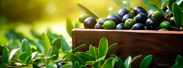 aceitunas en una caja en el jardín enfoque selectivo