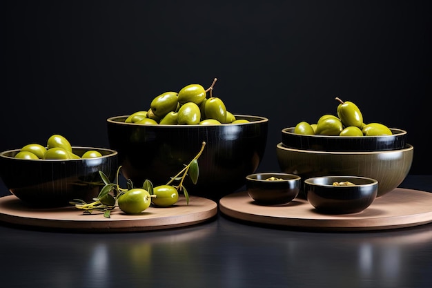 aceitunas en cuencos y sobre un fondo oscuro en el estilo de amarillo y bronce