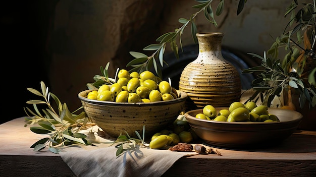 Las aceitunas se muestran en una mesa en una casa.