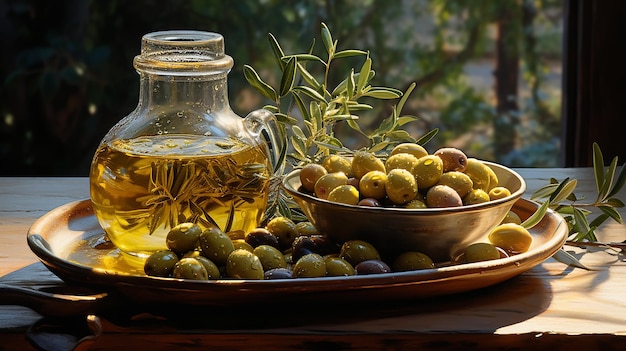 Aceitunas nutritivas Aceite de oliva en un tarro y aceitunas en una mesa de madera