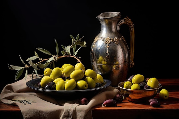 aceitunas sentadas junto a una jarra de aceite de oliva en una mesa en el estilo de un poderoso simbolismo