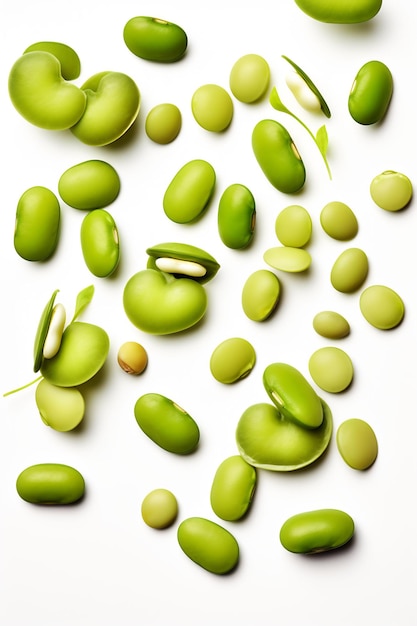 las aceitunas verdes están esparcidas sobre una superficie blanca
