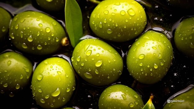 Las aceitunas verdes se exhiben en un contenedor