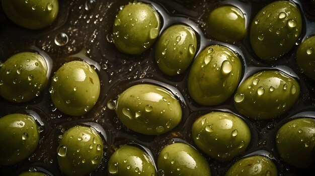 Aceitunas verdes frescas con salpicaduras de agua y gotas sobre fondo negro