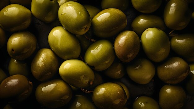 Aceitunas verdes frescas con salpicaduras de agua y gotas sobre fondo negro