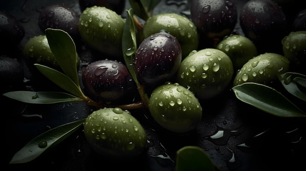 Aceitunas verdes frescas con salpicaduras de agua y gotas sobre fondo negro