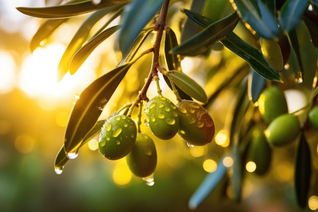 Aceitunas verdes con gotas de rocío en la rama de olivo al amanecer