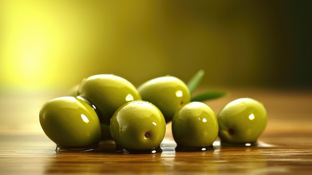 Aceitunas verdes en una mesa con aceitunas verdes