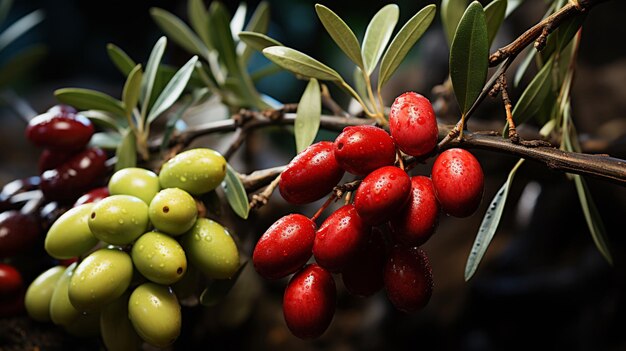 aceitunas verdes y rojas colgando