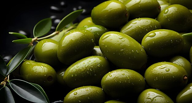 aceitunas verdes sobre una mesa de pizarra negra