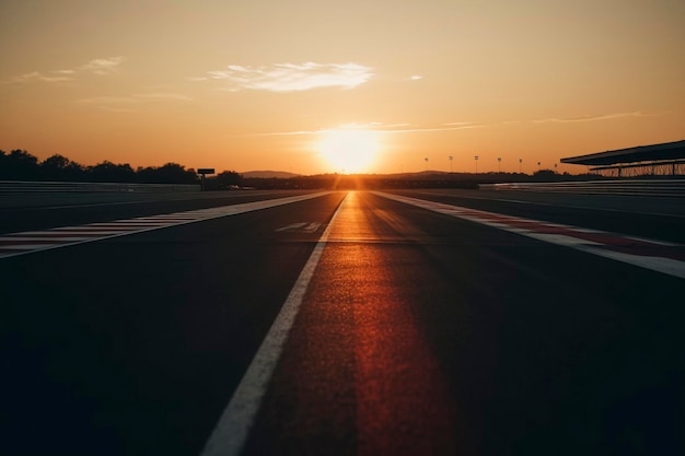 Acelerando hacia el atardecer: el escenario perfecto para una carrera emocionante creada con tecnología de IA generativa