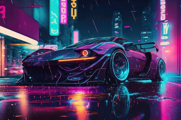 Acelerando por uma cidade cyberpunk neon em um carro esportivo