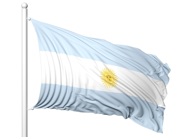 Acenando a bandeira da argentina no mastro isolado no fundo branco