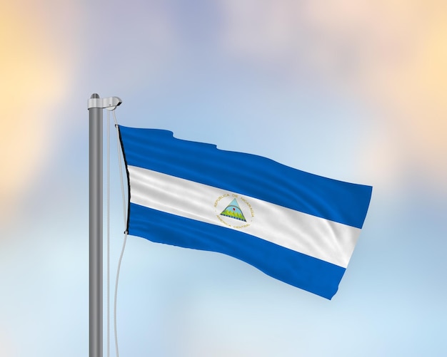 Acenando a bandeira da Nicarágua em um mastro de bandeira
