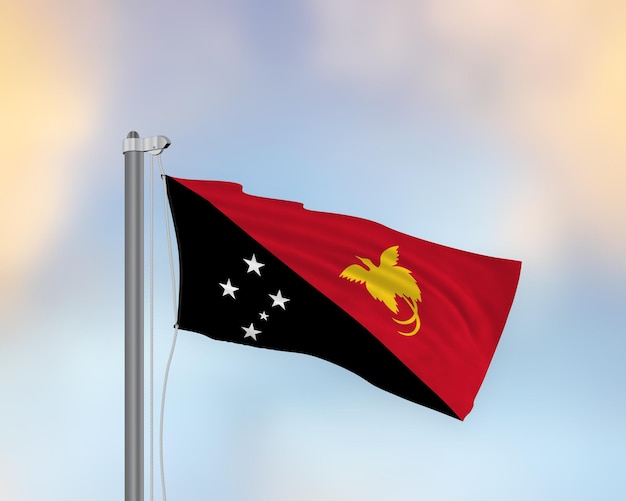 Acenando a bandeira da Papua Nova Guiné em um mastro de bandeira