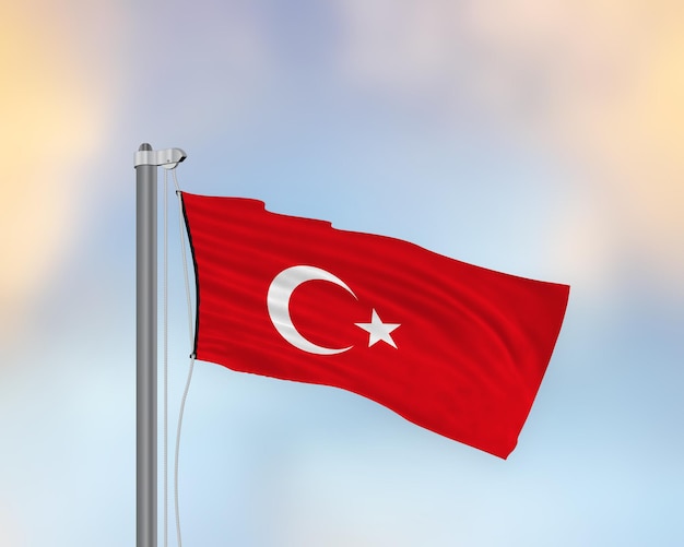 Acenando a bandeira da Turquia em um mastro de bandeira