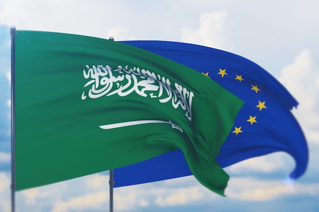 Acenando a bandeira da união europeia e a bandeira da arábia saudita vista aproximada d ilustração