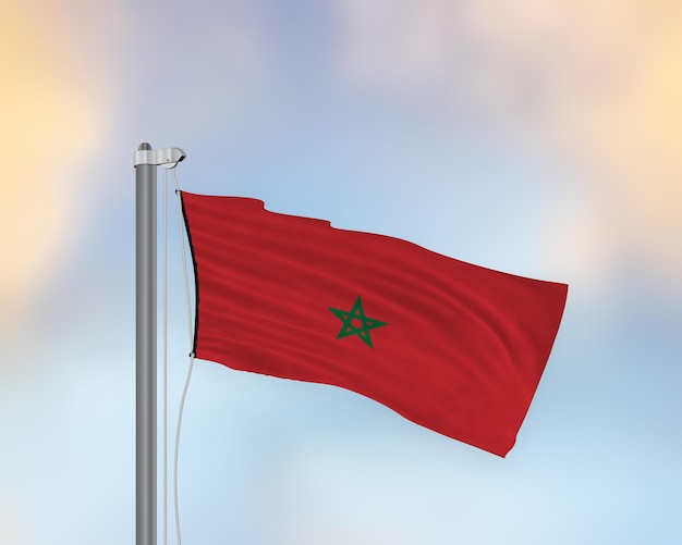 Acenando a bandeira de Marrocos em um poste de bandeira