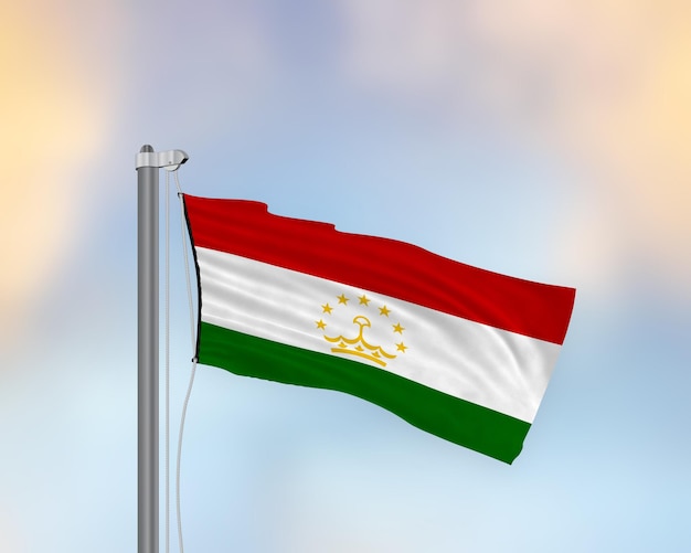 Acenando a bandeira do Tajiquistão em um mastro de bandeira