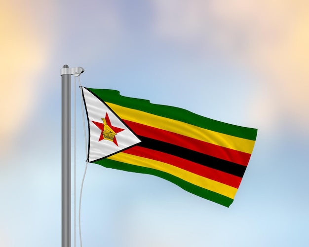 Acenando a bandeira do Zimbábue em um mastro de bandeira