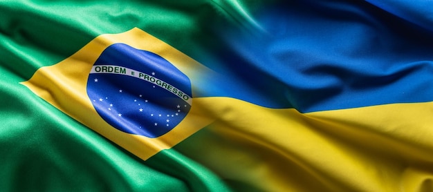 Acenando o conceito de bandeira da Ucrânia e Brasil simbolizando conexão política