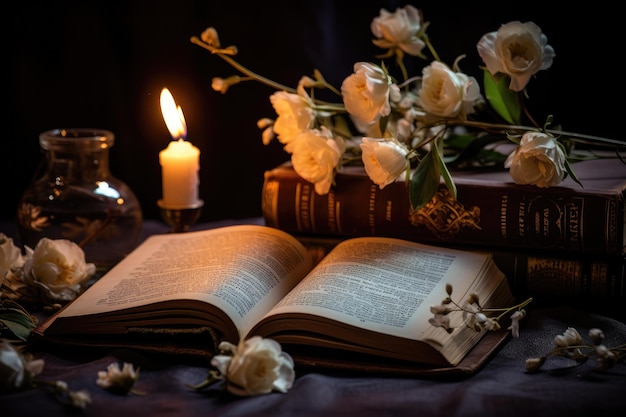 Acenda velas e flores em um livro