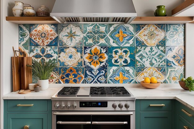 Foto acento de azulejos marroquíes en una cocina colorida