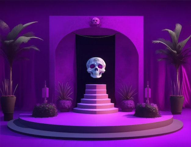 Acento magenta Tema del Día de Muertos Fondo 3D generado por IA Podio Escenario Cabeza de calavera