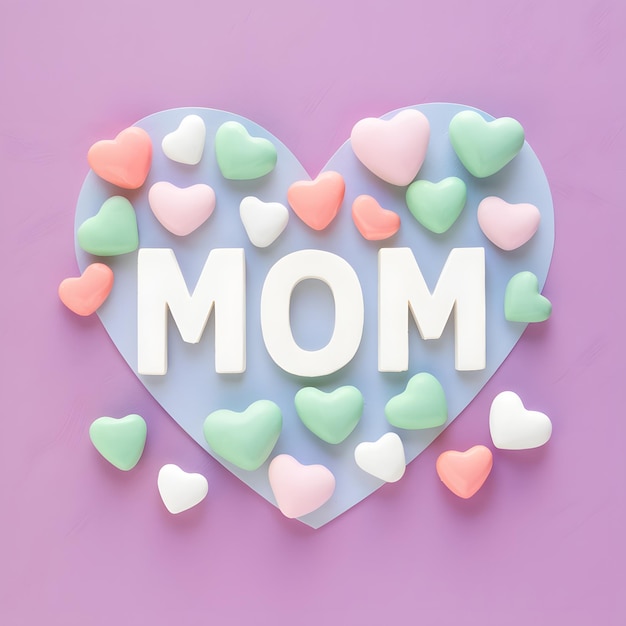Los acentos de corazón pastel rodean las letras de Mamá para el tributo del Día de las Madres para las redes sociales