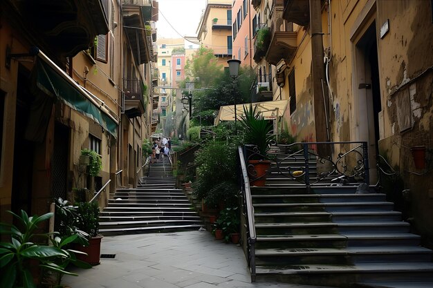Una acera en una ciudad llena de escaleras y edificios