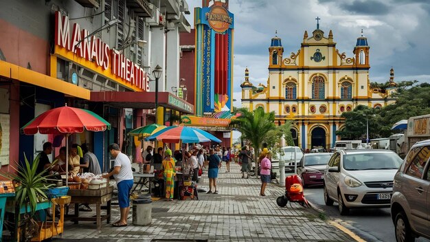 La acera de la ciudad de Manaus con el teatro amazónico y la iglesia