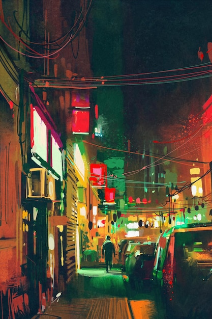 Acera en la ciudad por la noche con luz colorida, pintura digital.