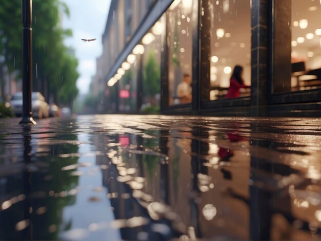 una acera mojada con una persona sentada en un banco bajo la lluvia