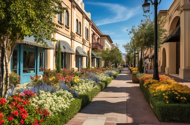 La acera de una zona comercial tiene plantas por toda la zona