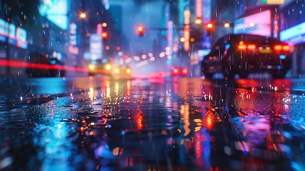 Las aceras de la ciudad durante una noche lluviosa Las luces de las calles se reflejan en el asfalto húmedo El telón de fondo urbano nocturno Ilustración digital Arte CG Fondo IA generativa