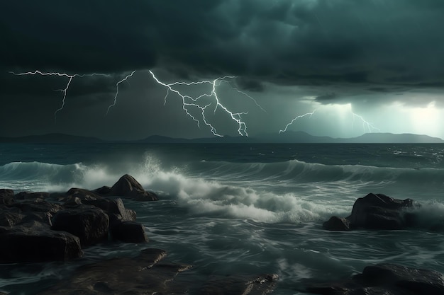 Se acerca una tormenta sobre el océano y el cielo está oscuro y el agua está oscura y turbia.