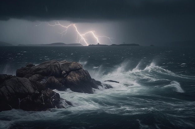 Se acerca una tormenta sobre el océano con un relámpago en el agua.