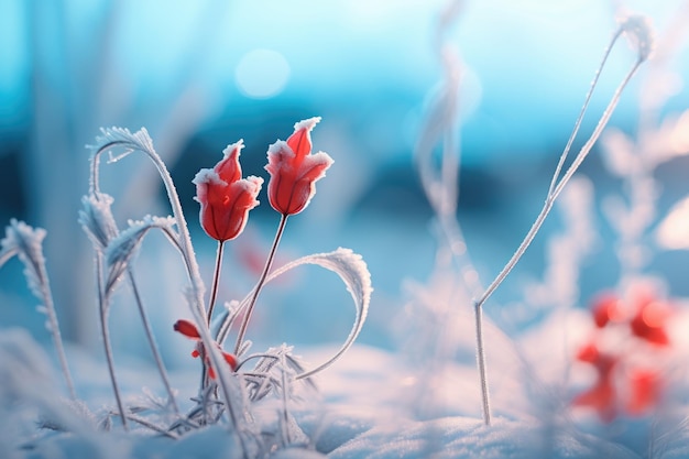 un acercamiento de algunas flores rojas en la nieve