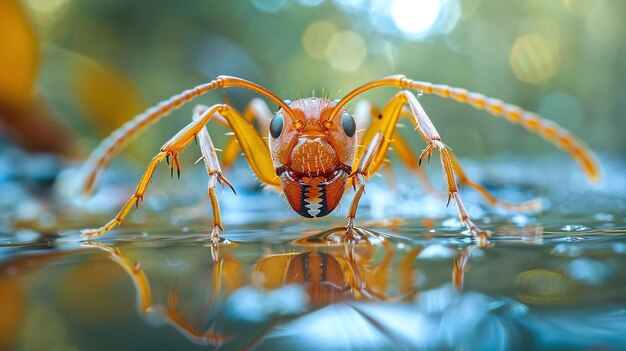 un acercamiento cautivador de una hormiga marrón en un charco